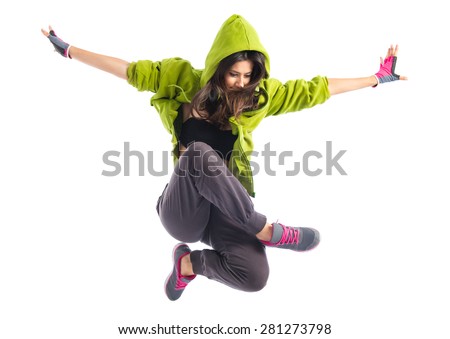 Teenager girl jumping in street dance style Royalty-Free Stock Photo #281273798