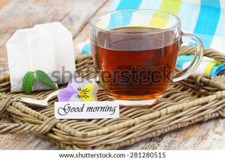 Good morning card with cup of tea on wicker tray 