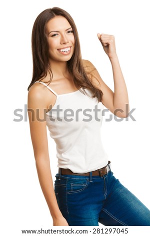 Young happy gesturing cheerful smiling brunette woman, in tank top casual smart clothing, isolated over white background. Success and hapiness concept.