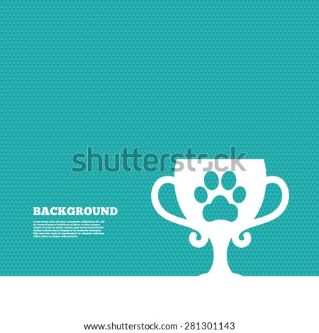 Background with seamless pattern. Winner pets cup sign icon. Trophy for pets. Triangles green texture. Vector