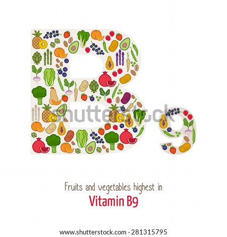 Fruits and vegetables highest in vitamin B9 composing B9 letter shape, nutrition and healthy eating concept Royalty-Free Stock Photo #281315795