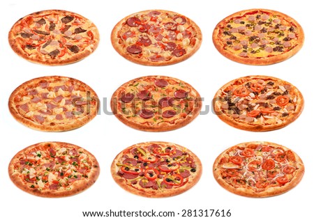 Big set of the best Italian pizzas isolated on white background Royalty-Free Stock Photo #281317616