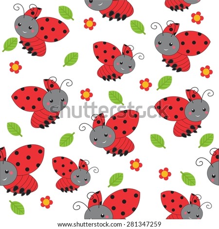 Spring seamless pattern with flowers and ladybirds.