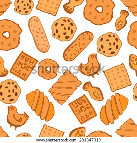 Seamless pattern with hand drawn cookies, bakery, crackers on white background. Vector illustration  