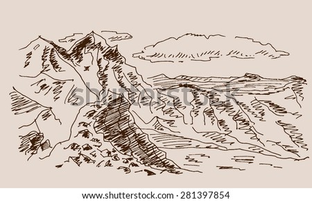 Rocky high altitude. mountain scenery landscape with clouds, in engraving etching hand drawing sketch style, for extreme sport, adventure travel and  tourism design