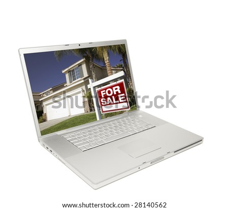 Home for Sale Sign & New Home on Laptop Isolated on a white Background.