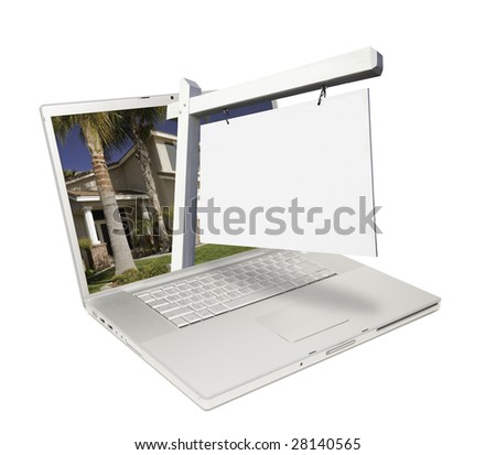 Blank Real Estate Sign & Laptop Isolated on a White Background.