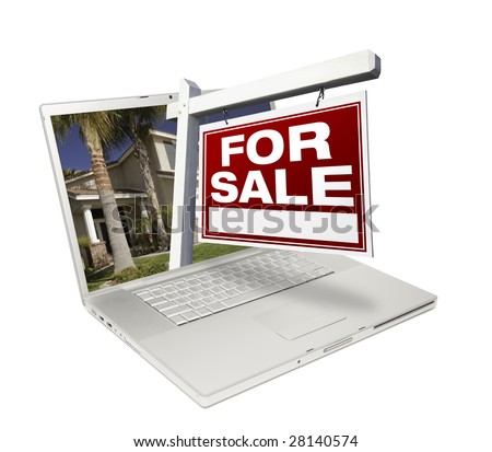 Home for Sale Sign & New Home on Laptop Isolated on a White Background.