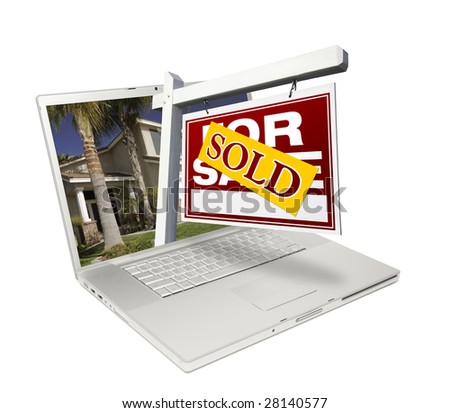Sold Home for Sale Sign & New Home on Laptop Isolated on a White Background.