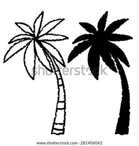 Coconut palm trees line, black silhouette, hand drawn sketch icons set isolated on white background, art logo design