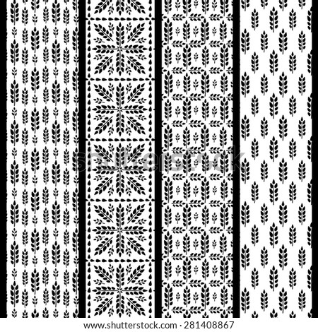 Set of seamless patterns with wheat. Black and white agricultural background about harvest and grain. Collection of summer wallpapers.Patterns located under clipping masks