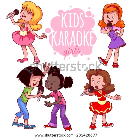 Cartoon children sing with a microphone. Vector clip art illustration on a white background.