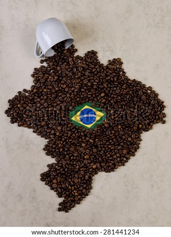 Fall cup coffee, coffee beans forming the map of Brazil