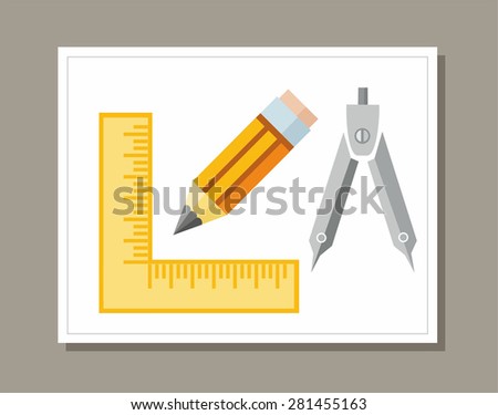 Drawing, ruler, pencil, colored flat illustration. On a sheet of drawing paper is ruler, pencil and compasses. Colored, flat vector illustration. 