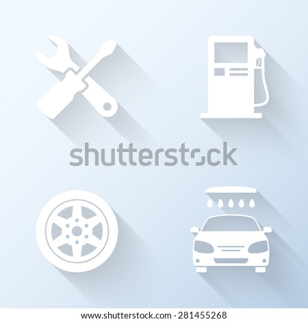 Flat car service icons with long shadows. Vector illustration