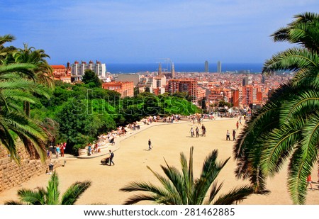  View of Sagrada Familia and port from Park Guell. Barcelona, Spain.  Royalty-Free Stock Photo #281462885