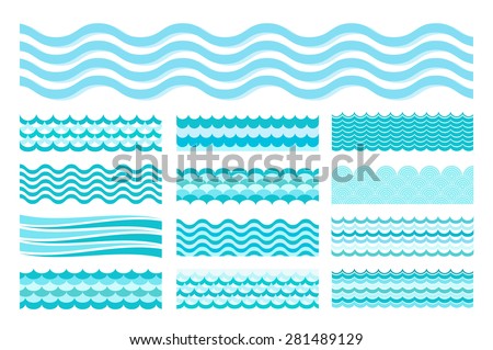 Collection of marine waves. Sea wavy, ocean art water design. Vector illustration