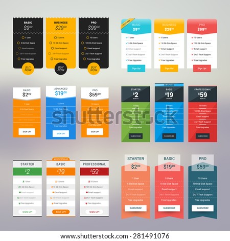 Set of Vector Pricing Table in Flat Design Style for Websites and Applications