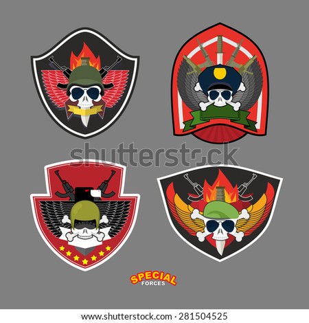 Set military and armed labels logo.  Skull, Eagle and weapons.Vector illustration Royalty-Free Stock Photo #281504525