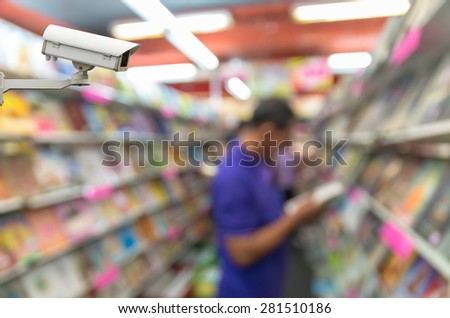 CCTV security camera monitor the Abstract blurred photo of book store with people background