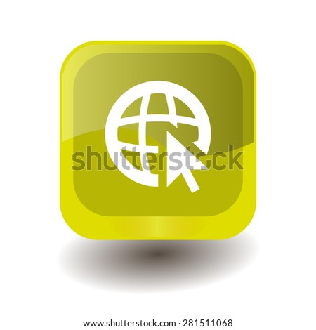 Yellow square button with white globe (go to web) sign, vector design for website 