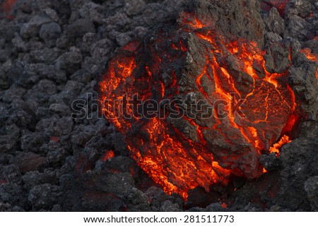 A few steps from the lava front. The casting continues to fall inside the valle del bove. Royalty-Free Stock Photo #281511773