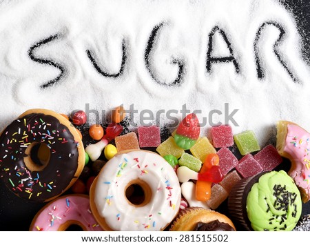 mix of sweet cakes, donuts and candy with sugar spread and written text in unhealthy nutrition, chocolate abuse and addiction concept, body and dental care Royalty-Free Stock Photo #281515502