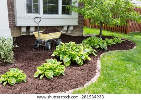 Garden maintenance in spring doing the mulching of the flowerbeds to keep down weeds and retain moisture in the soil Royalty-Free Stock Photo #281534933