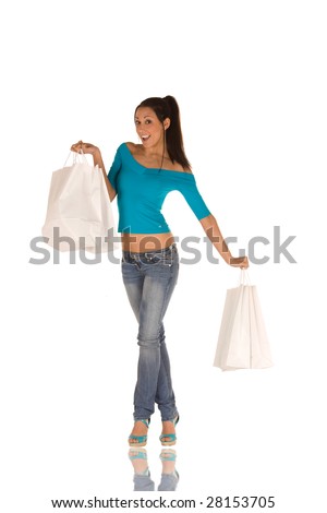 young caucasian brunette with a bunch of white shopping bags,isolated on white,with happy expression.