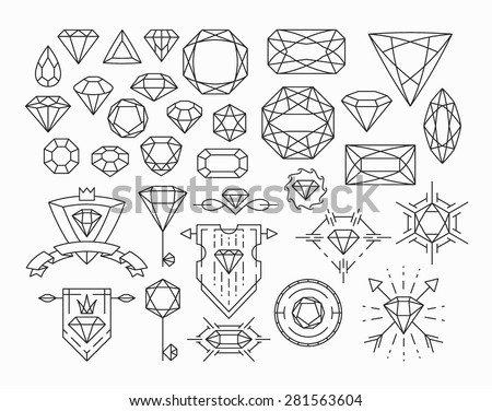 Set of isolated gem stones and thin line design elements, emblems with diamonds. 