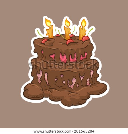 Birthday chocolate cake hand drawn, vector illustration