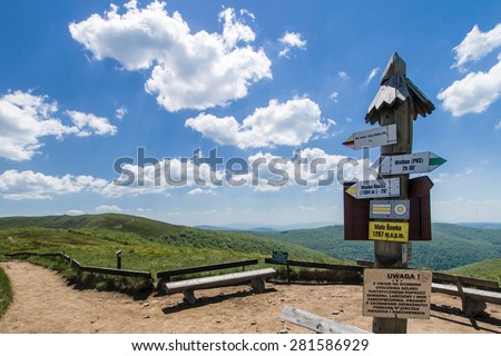 hiking Sign in Bieszczady Mountains, Poland Royalty-Free Stock Photo #281586929
