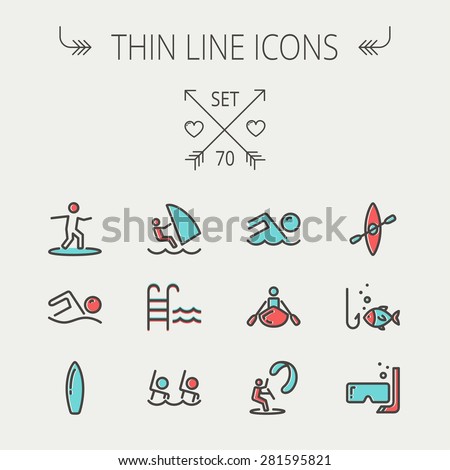 Sports thin line icon set for web and mobile. Set includes -wind surfing, pool, swimming, surfboarding, kayak, wind surf, snorkeling, fishing icons. Modern minimalistic flat design. Vector icon with