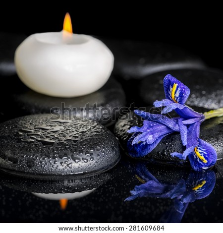 beautiful spa concept of blooming iris flower, candles and black zen stones on reflection water, macro