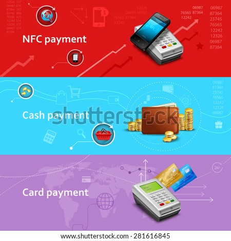 Payment horizontal banners set with realistic cash and card elements isolated vector illustration