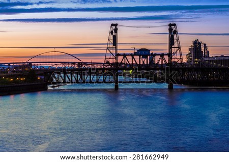 Portland, Oregon Panorama.  Night scene of the Steel Bridge overlooking the Willamette River