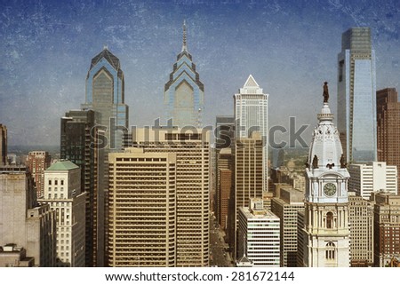 Vintage view of the Philadelphia skyline with City Hall in the front