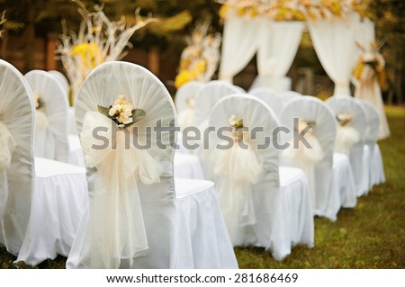 Beautiful wedding ceremony in forest. Indian summer color effect.  Royalty-Free Stock Photo #281686469