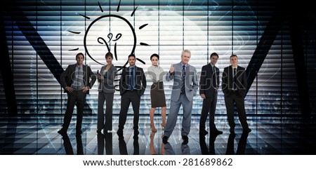 Business people against global technology background in blue