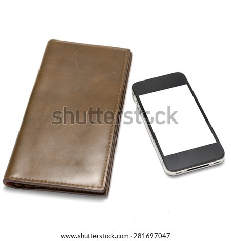 smart phone and men wallet isolated on white background