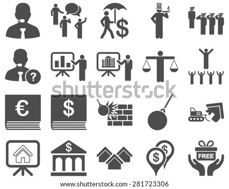 Bank service and people occupation icon set. These flat symbols use gray color. Vector images are isolated on a white background. Angles are rounded.