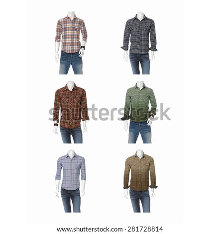 Six male mannequin dressed in cotton plaid shirt dress collection