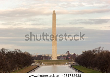 Washington Monument at dusk,  National memorial in Washington, D.C., United States of America 