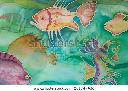 ?olorful background with splashes and waves. Ocean inhabitants Batik silk painting. Fishes and sea horse. Backdrop for cards, scrapbooking and other identity