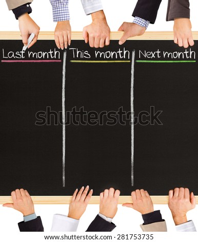 Photo of business hands holding blackboard and writing Last, This and Next month