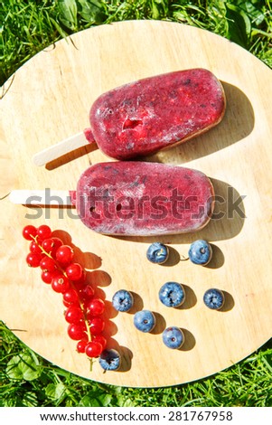 Healthy organic food: Homemade ice cream pops with yoghurt and different berries: red currant, blueberry, strawberry and blackberry. Vegan sweet food.