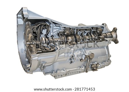 Modern 8-speed automatic transmission for cars isolated over white. Royalty-Free Stock Photo #281771453