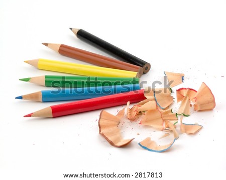 Six  coloured pencils and chip isolated over white background