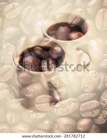 Two white coffee cups over dark rusted coffee beans texture. Double exposure photo with vintage style tonal photo filter effect