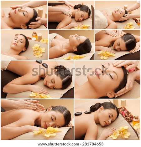 beauty, healthy lifestyle and relaxation concept - collage of many pictures with beautiful asian woman having facial or body massage in spa salon